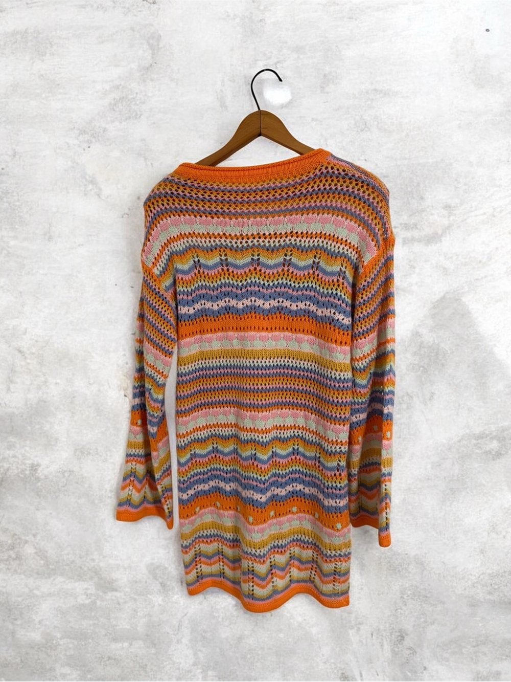 Multicolor Open Knit Women’s Sweater - Orange Trim